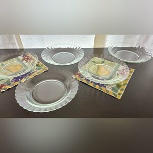 5 Vintage, mid century modern, clear glass plates with/scalloped edges.  8 7/8”